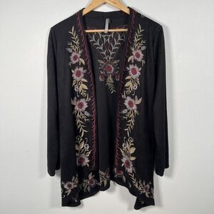 Vintage Monoreno Womens Open Cardigan Sz L Boho Embroidered Faux Suede Black